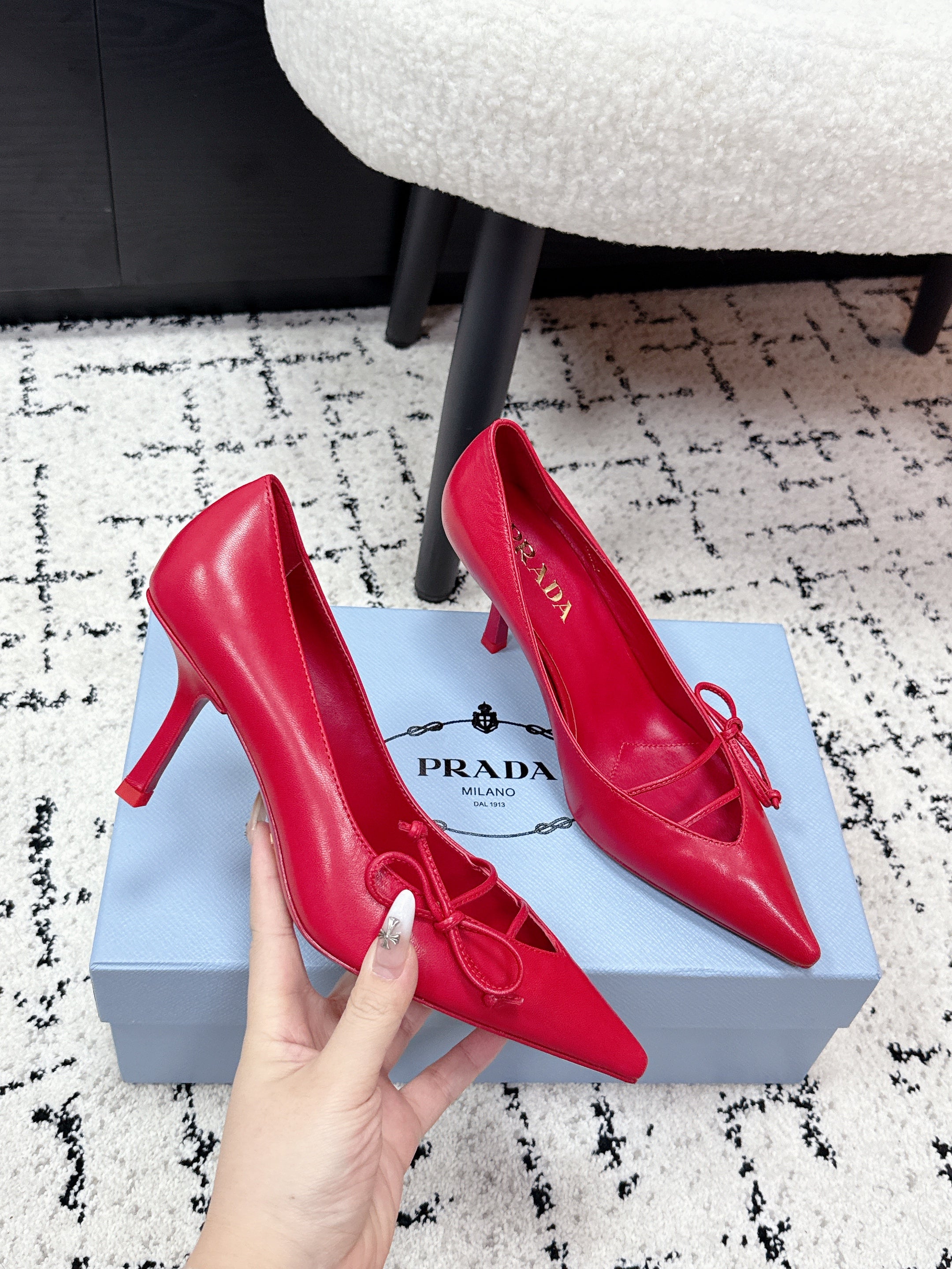 PRADA 26S POINTED-TOE HIGH HEELS 75MM IN DARK RED CALFSKIN