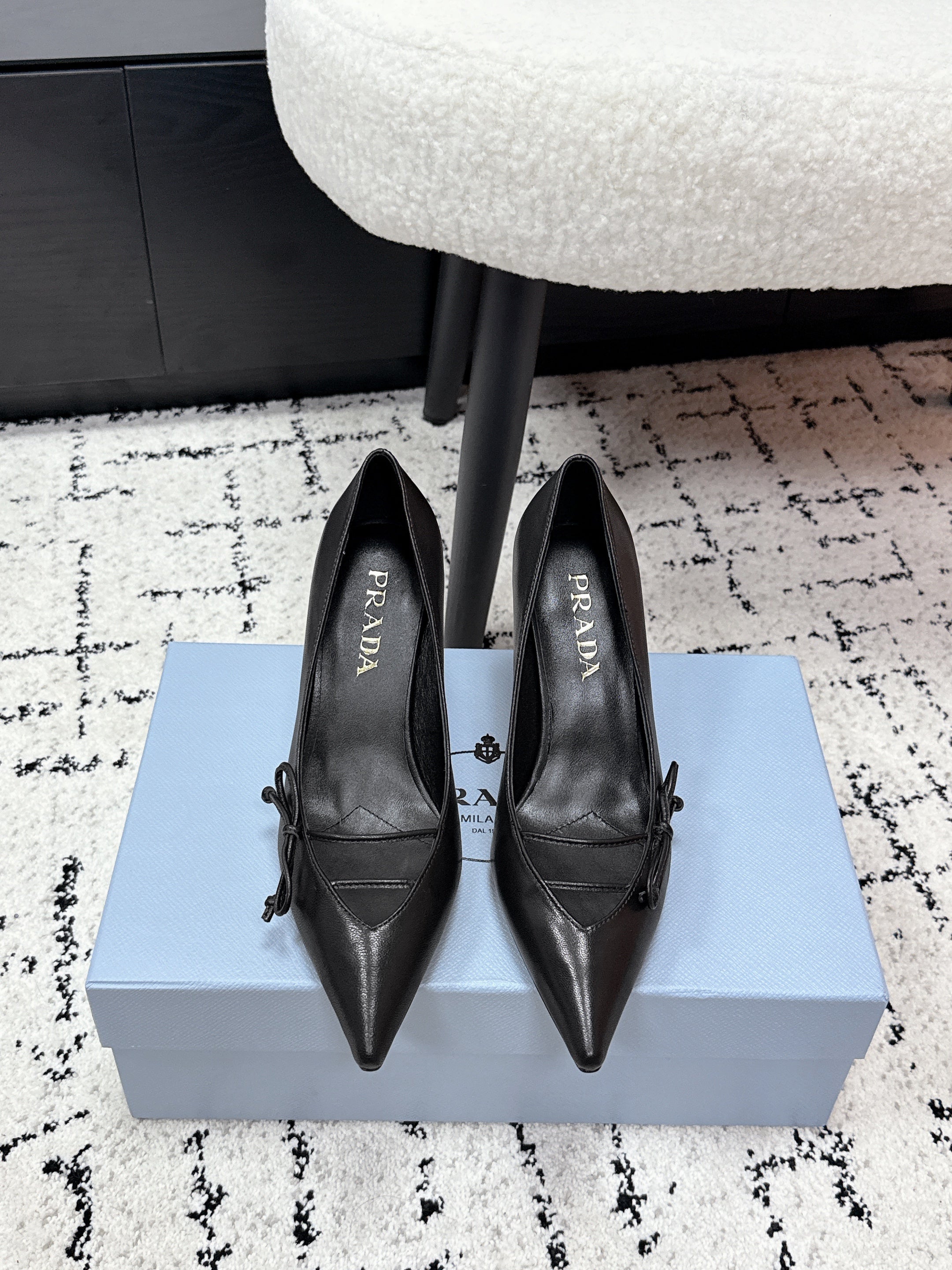 PRADA 26S POINTED-TOE HIGH HEELS 75MM IN BLACK CALFSKIN