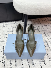 PRADA 26S POINTED-TOE HIGH HEELS 75MM IN OLIVE BROWN CALFSKIN WITH BOW