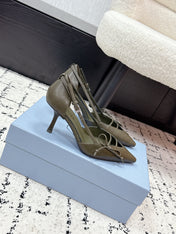 PRADA 26S POINTED-TOE HIGH HEELS 75MM IN OLIVE BROWN CALFSKIN WITH BOW
