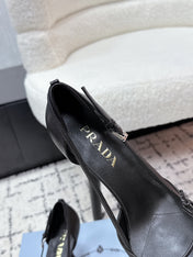 PRADA 26S POINTED-TOE HIGH HEELS 75MM IN BLACK CALFSKIN WITH BOW