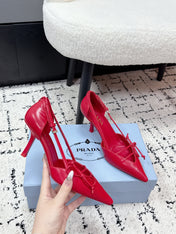 PRADA 26S POINTED-TOE HIGH HEELS 75MM IN DARK RED PATENT CALFSKIN WITH BOW