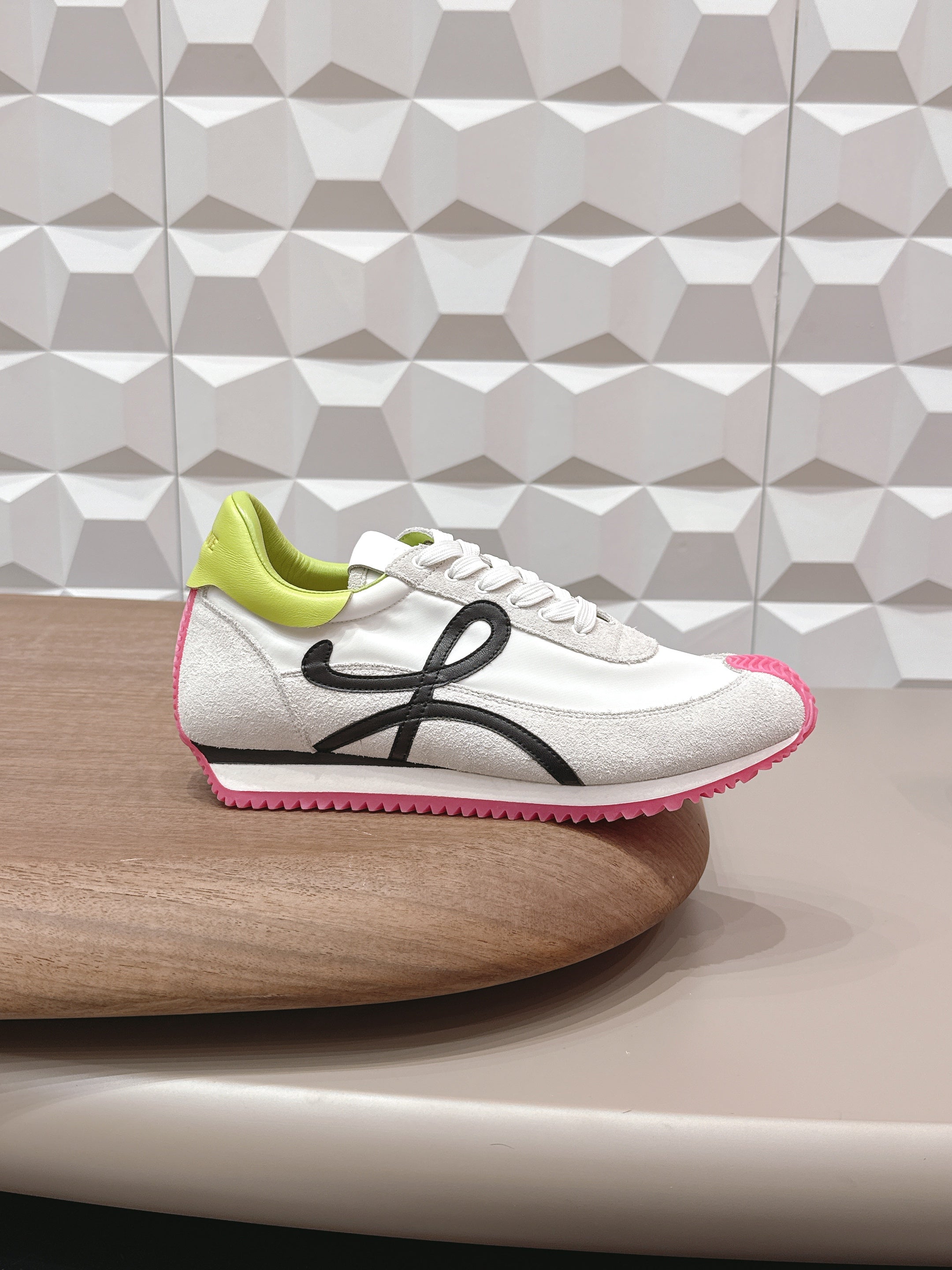 LOEWE 26S FLOW RUNNER SNEAKER IN LIGHT GRAY SUEDE AND LIME YELLOW AND BLACK CALFSKIN