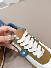 LOEWE 26S FLOW RUNNER SNEAKER IN OLIVE BROWN AND WHITE SUEDE AND BLUE CALFSKIN