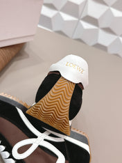LOEWE 26S FLOW RUNNER SNEAKER IN BLACK AND DARK BROWN SUEDE AND WHITE CALFSKIN
