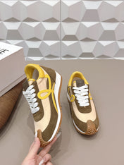 LOEWE 26S FLOW RUNNER SNEAKER IN DARK OLIVE BROWN SUEDE AND YELLOW CALFSKIN