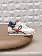 LOEWE 26S FLOW RUNNER SNEAKER IN LIGHT GRAY SUEDE AND NAVY BLUE AND RED CALFSKIN