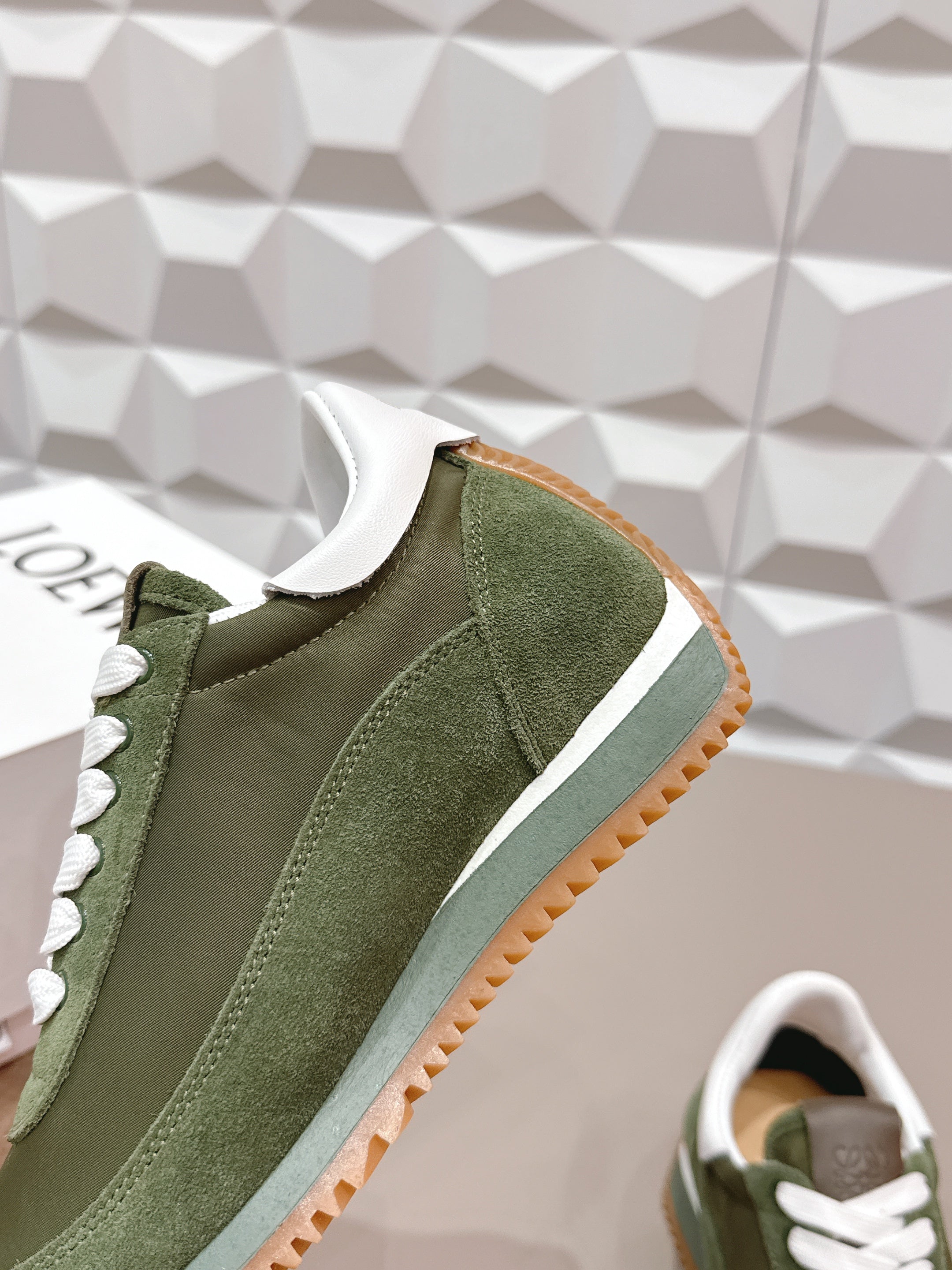 LOEWE 26S FLOW RUNNER SNEAKER IN DARK OLIVE GREEN SUEDE AND WHITE CALFSKIN