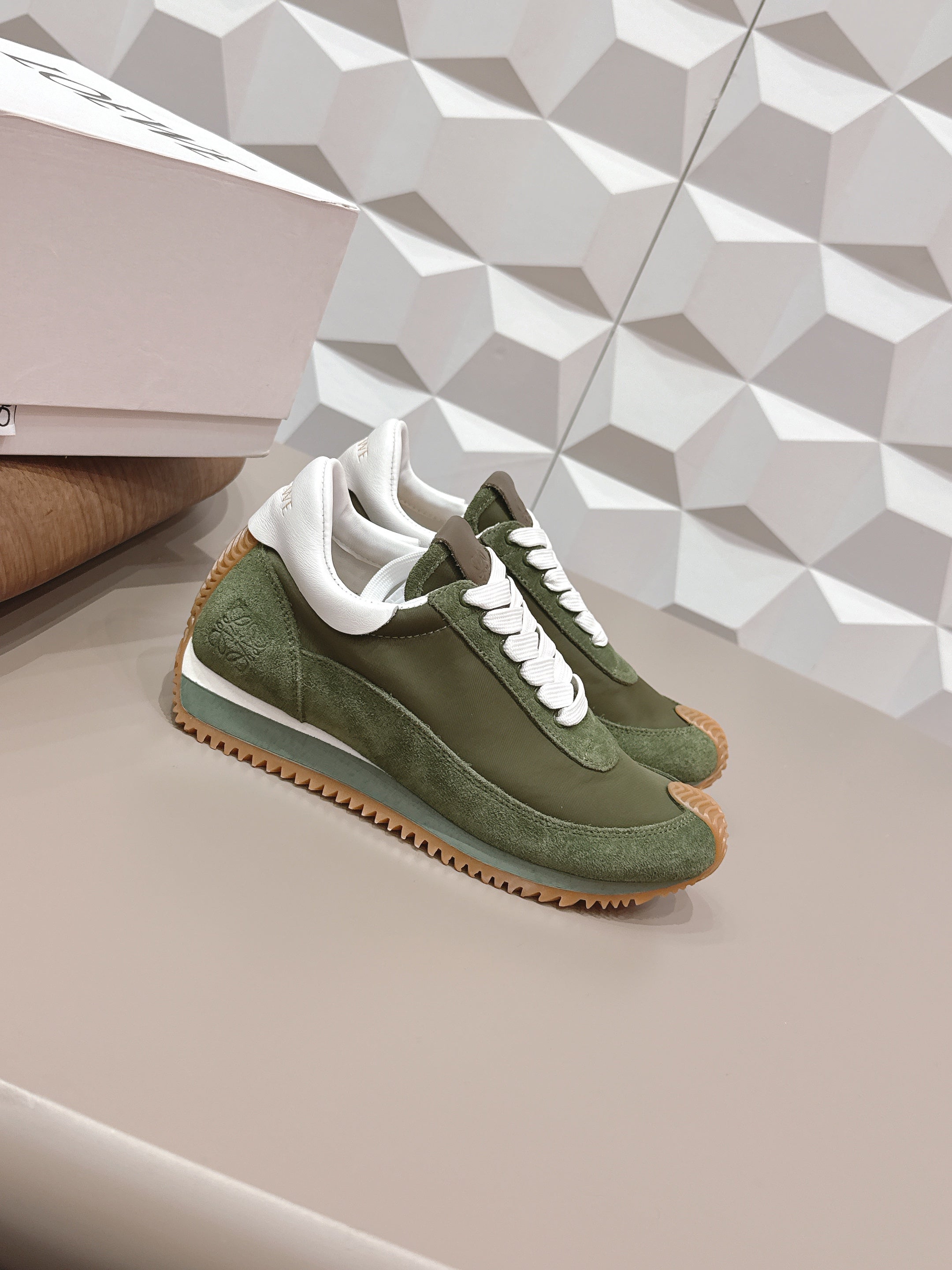 LOEWE 26S FLOW RUNNER SNEAKER IN DARK OLIVE GREEN SUEDE AND WHITE CALFSKIN