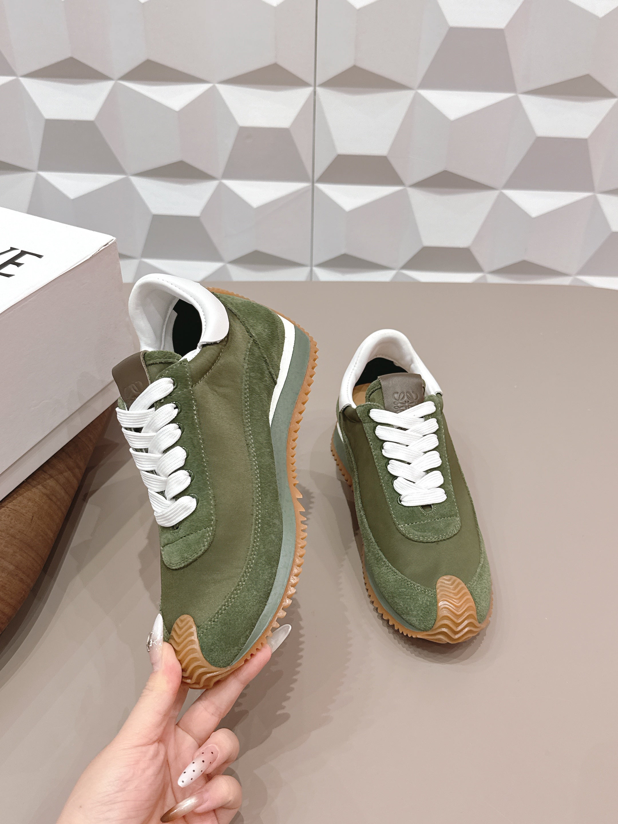 LOEWE 26S FLOW RUNNER SNEAKER IN DARK OLIVE GREEN SUEDE AND WHITE CALFSKIN