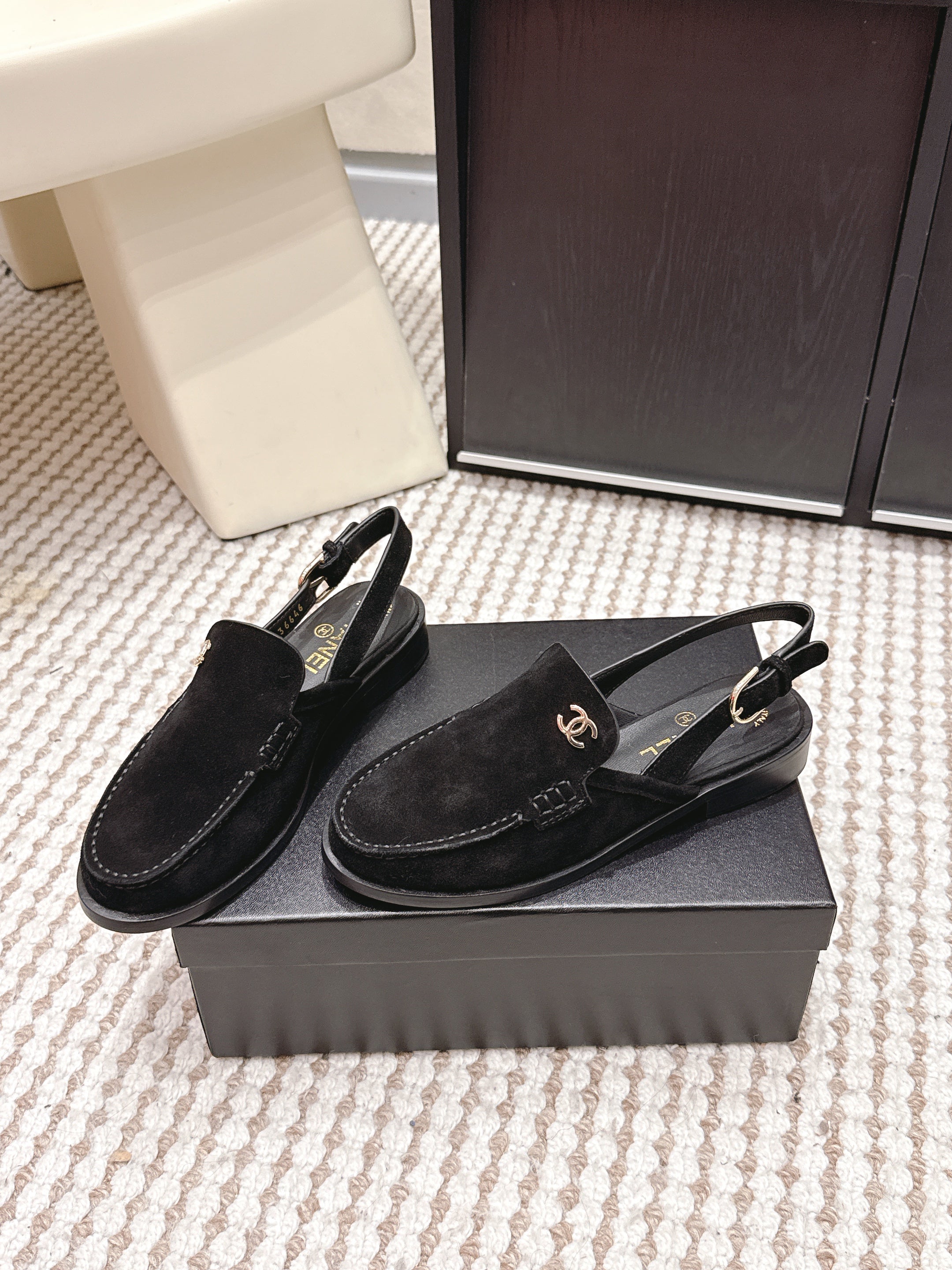 CHANEL 26S SLINGBACK LOAFERS IN BLACK SUEDE