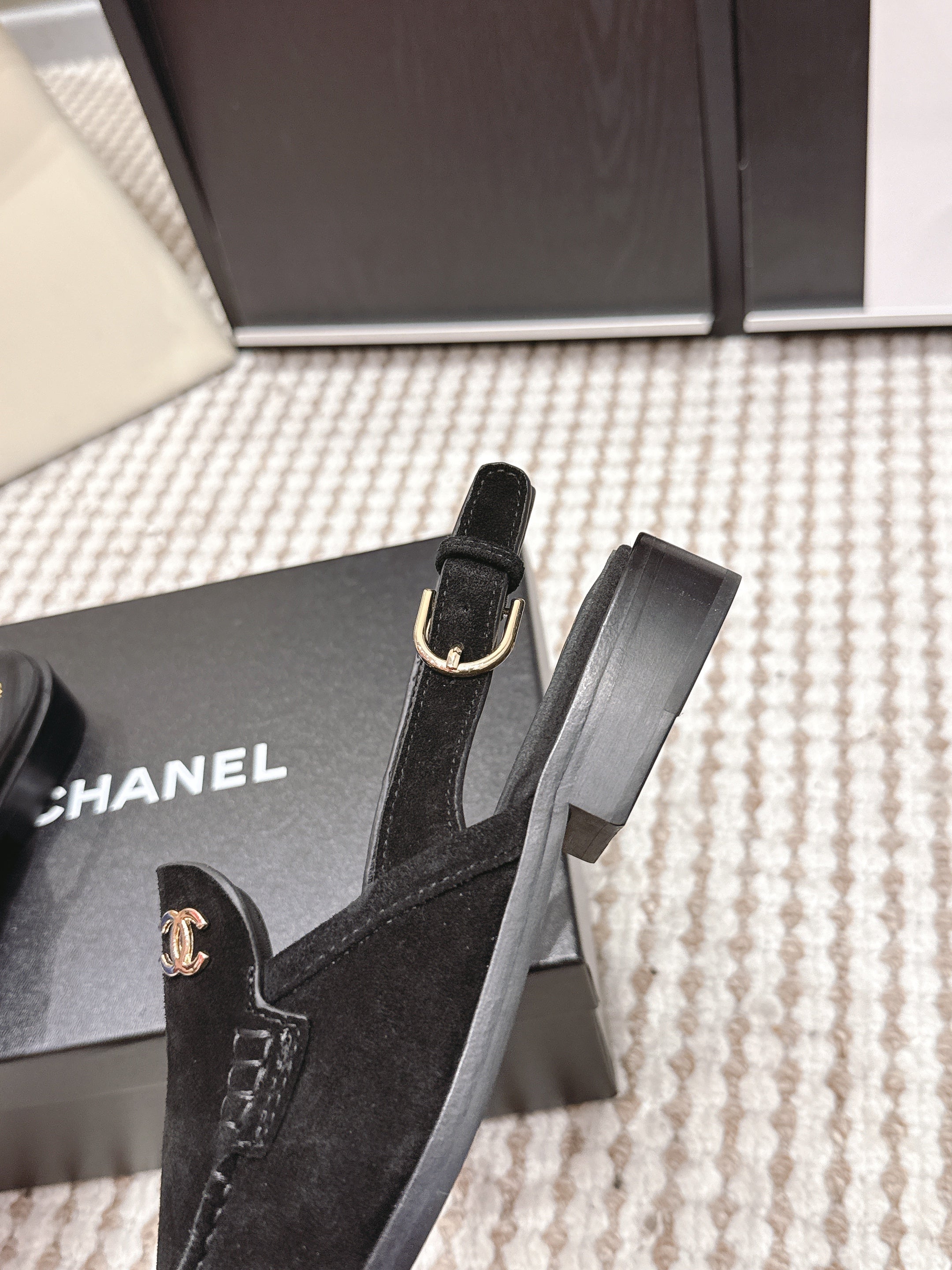 CHANEL 26S SLINGBACK LOAFERS IN BLACK SUEDE