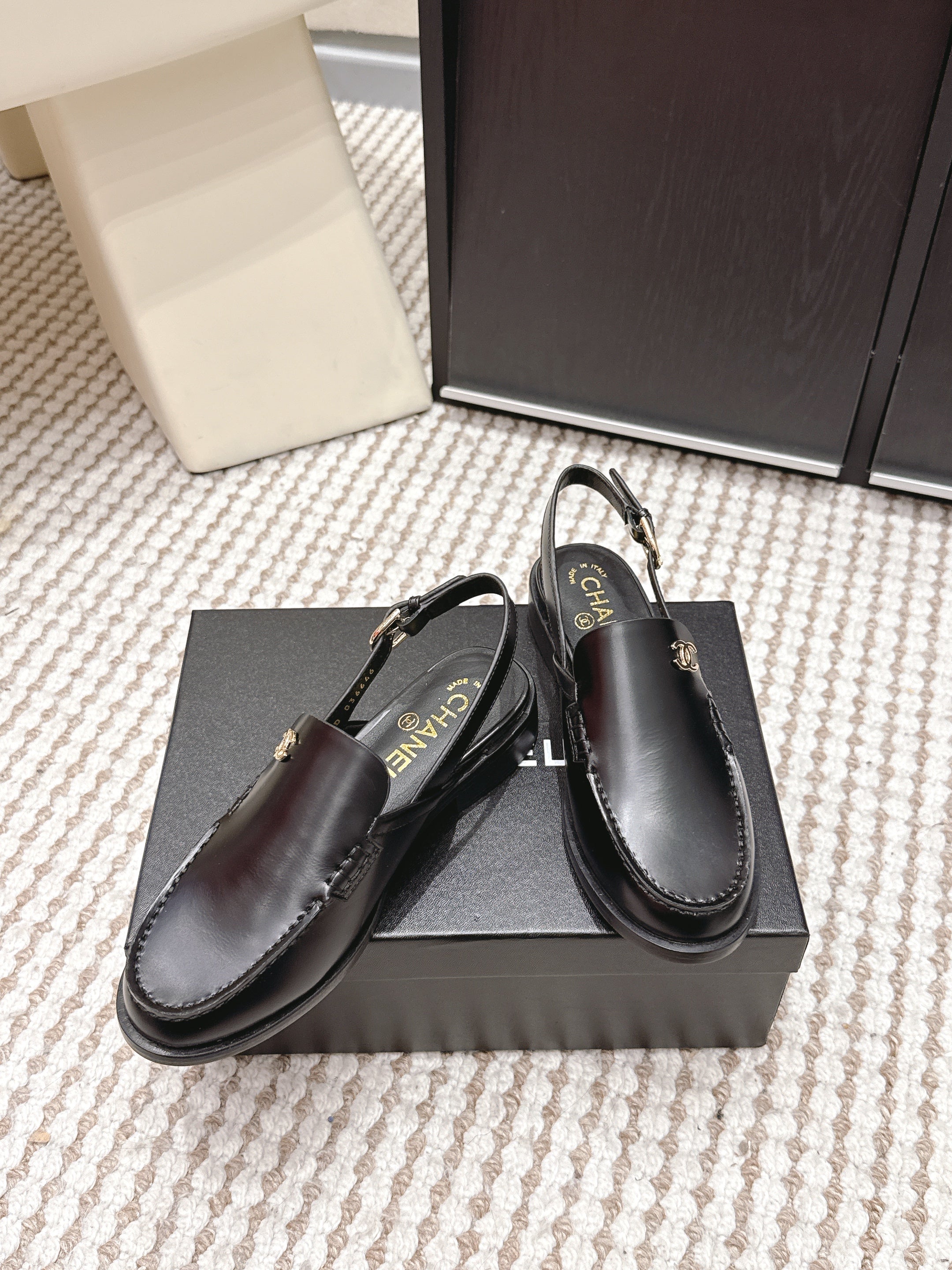 CHANEL 26S SLINGBACK LOAFERS IN BLACK CALFSKIN