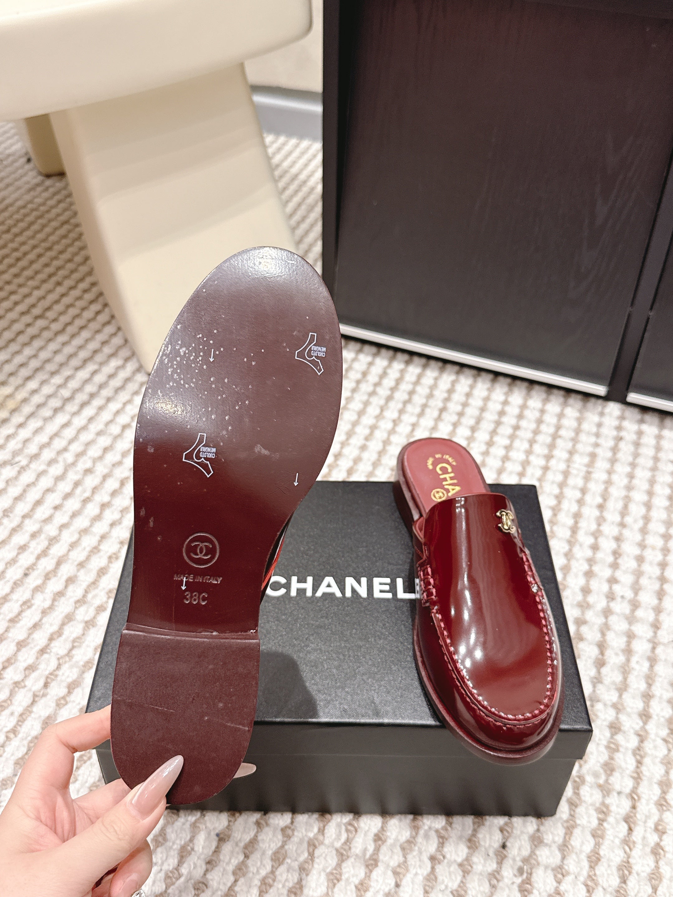 CHANEL 26S LOAFER MULES IN DARK RED GLOSSY CALFSKIN