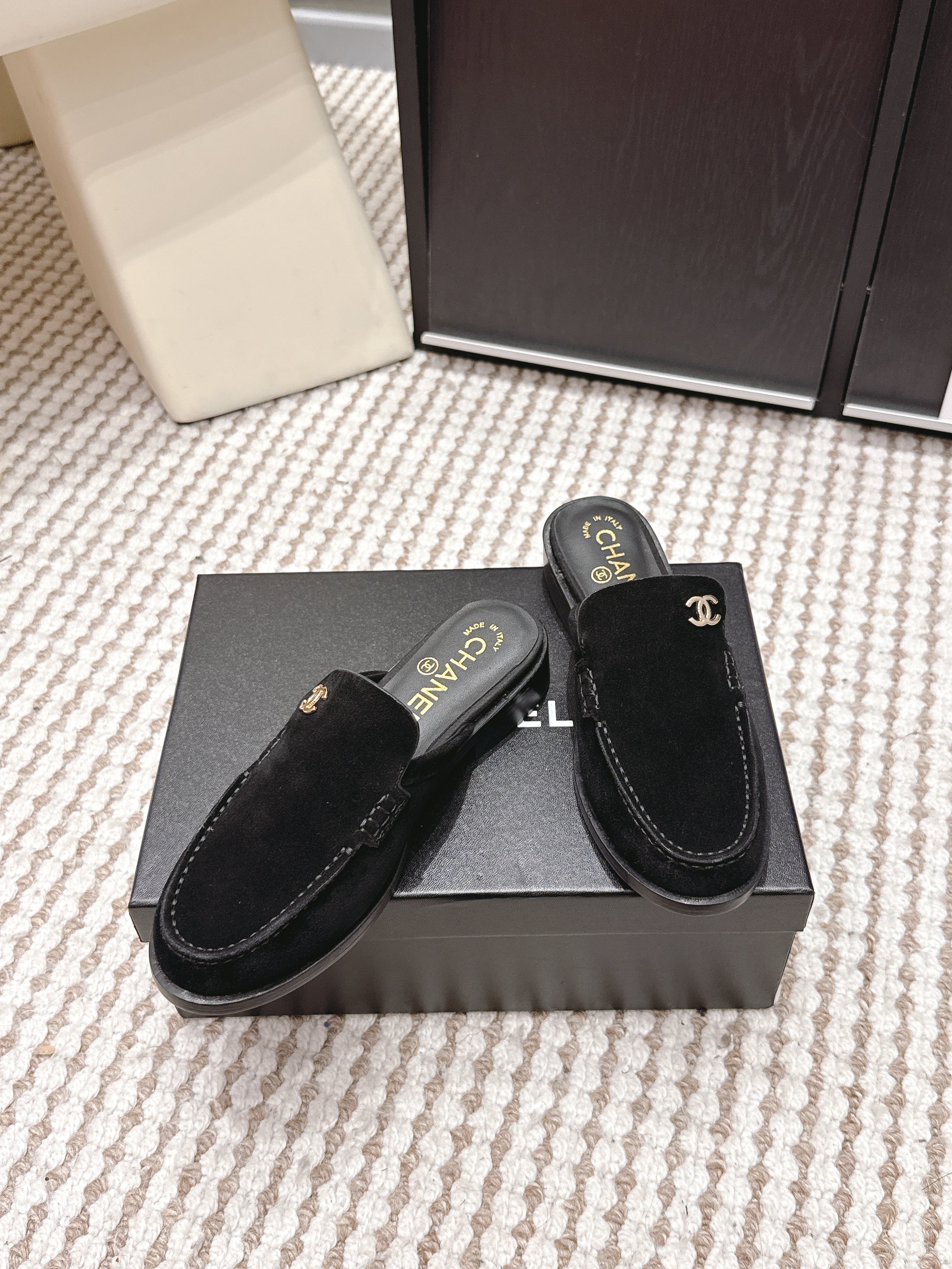 CHANEL 26S LOAFER MULES IN BLACK SUEDE