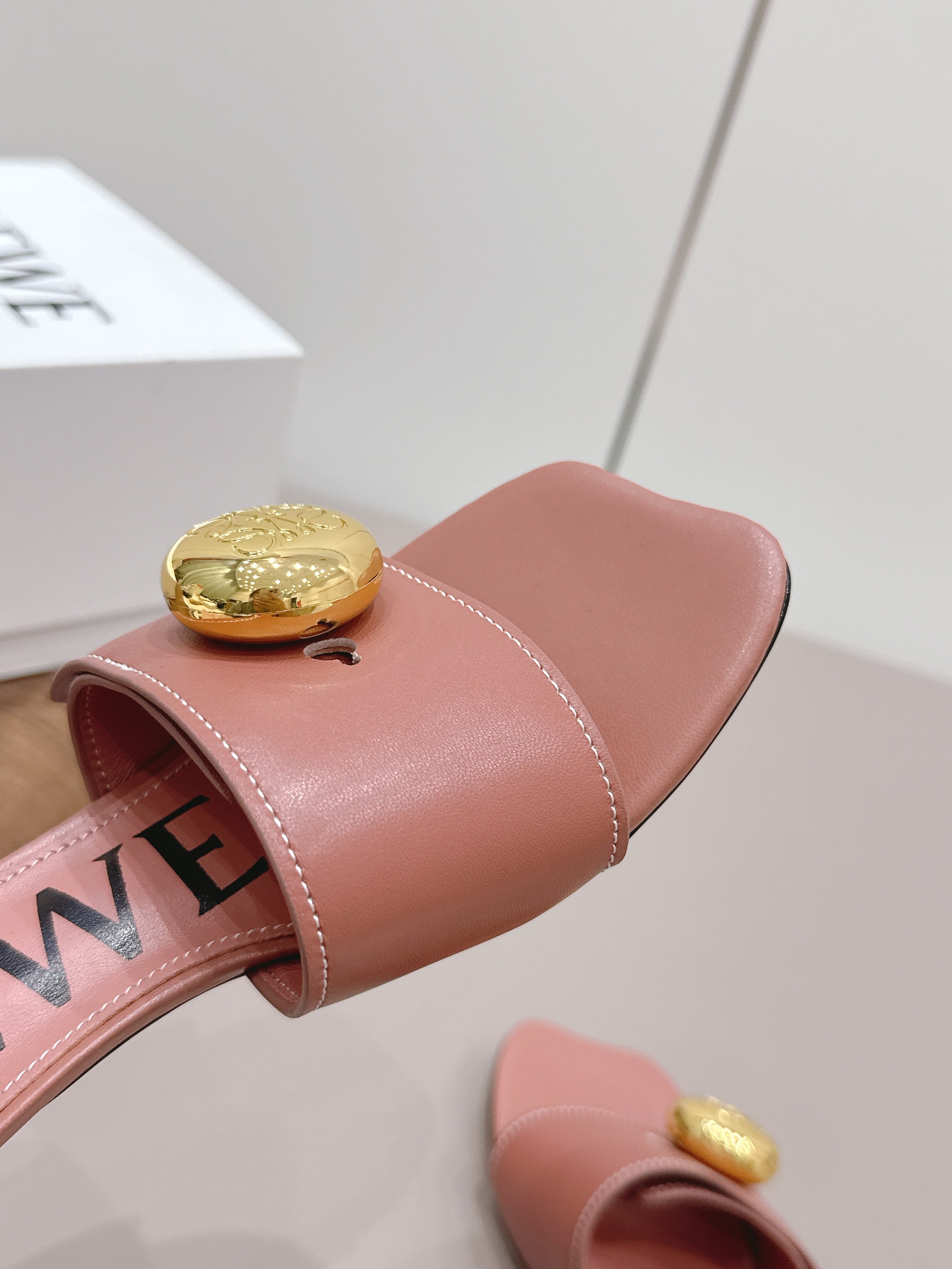 LOEWE 26S SQUARE TOE SANDALS 45MM IN PINK CALFSKIN GOLD HARDWARE