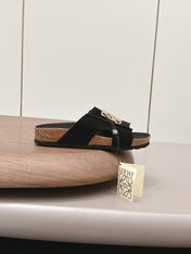 LOEWE 26S FLAT SANDALS IN BLACK LOGO GOLD HARDWARE