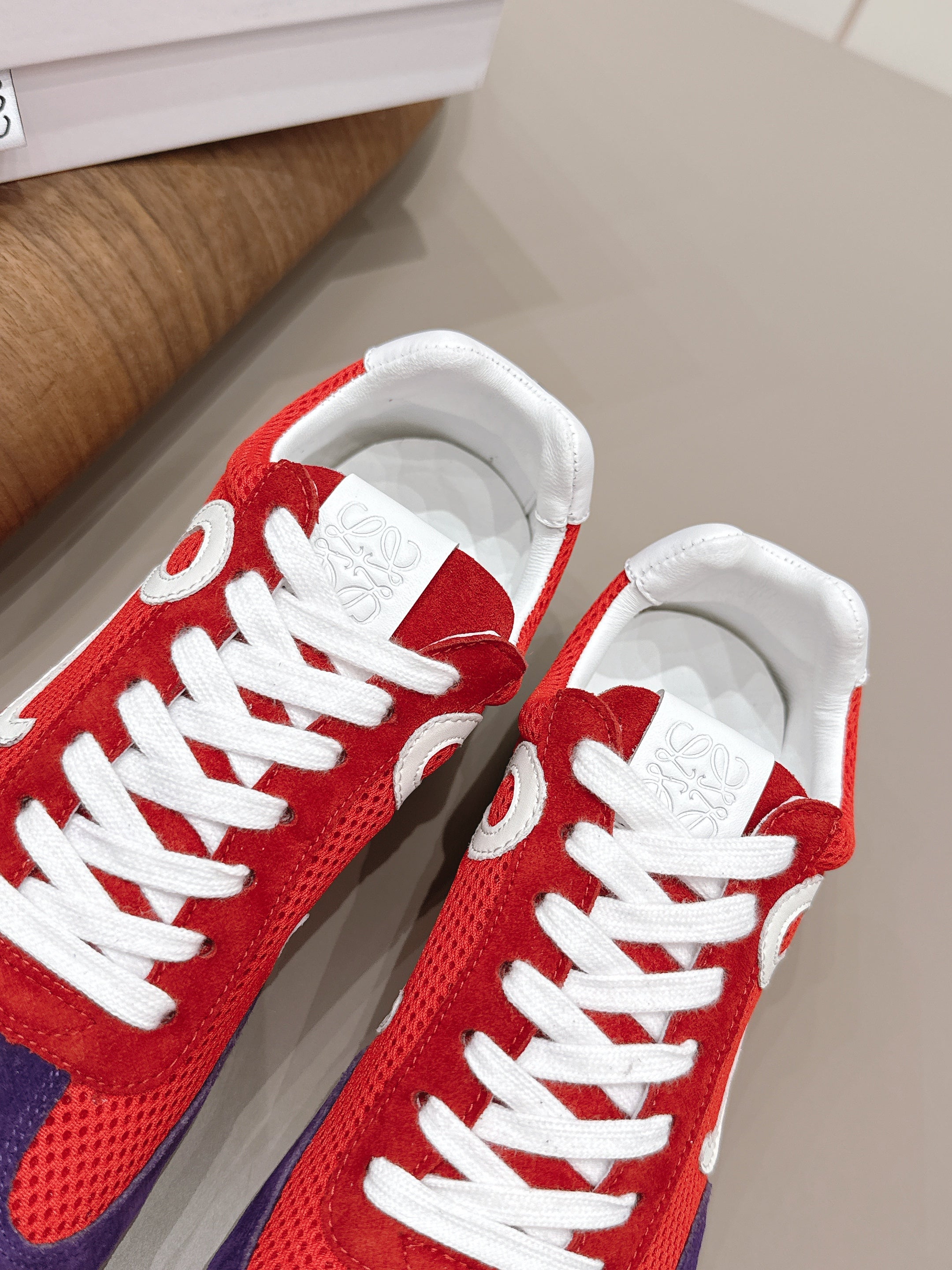 LOEWE 26S BALLET RUNNER 2.0 IN RED AND DARK PURPLE SUEDE AND MESH