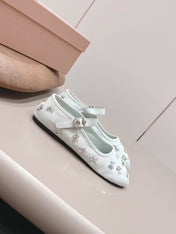 MIUMIU 26S MARY JANE BALLET FLATS IN WHITE FABRIC CRYSTAL EMBELLISHED