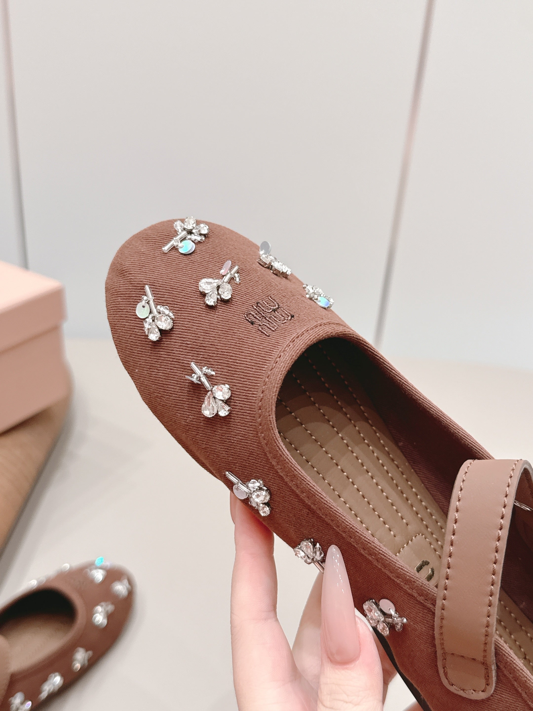 MIUMIU 26S MARY JANE BALLET FLATS IN BROWN FABRIC CRYSTAL EMBELLISHED