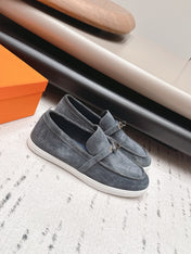 HM 26S KELLY PARIS LOAFERS IN BLUE GREY SUEDE SILVER HARDWARE