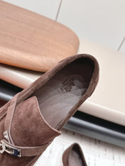 HM 26S KELLY PARIS LOAFERS IN DARK BROWN SUEDE SILVER HARDWARE