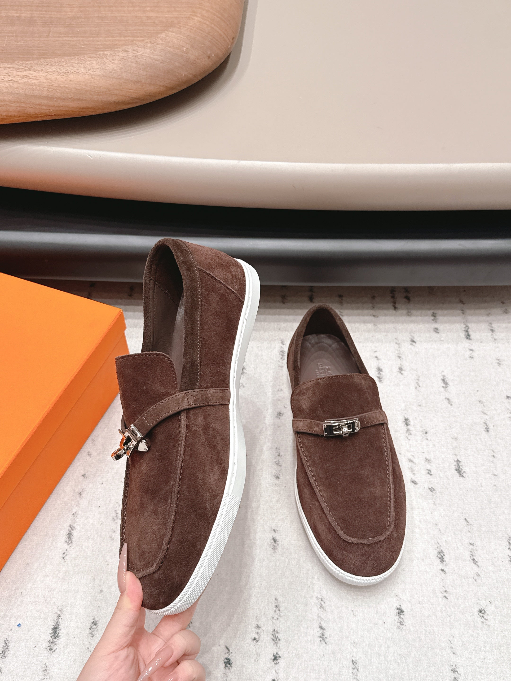 HM 26S KELLY PARIS LOAFERS IN DARK BROWN SUEDE SILVER HARDWARE