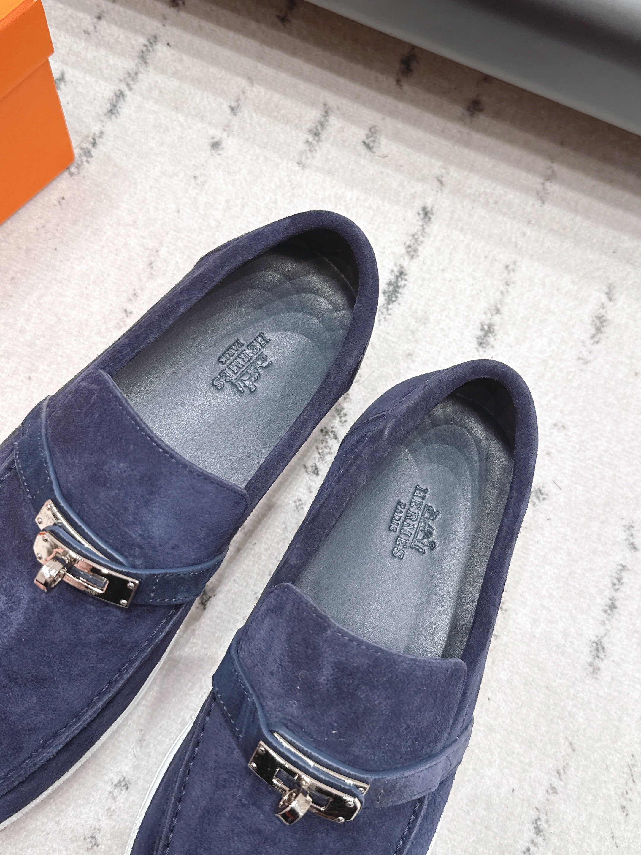 HM 26S KELLY PARIS LOAFERS IN NAVY BLUE SUEDE SILVER HARDWARE