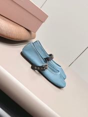 MIUMIU 26S BALLERINAS IN BLUE MESH AND BLACK CALFSKIN