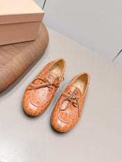 MIUMIU 26S BOAT SHOES IN ORANGE BROWN EMBOSSED CALFSKIN
