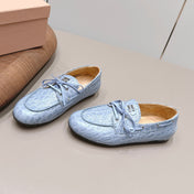 MIUMIU 26S BOAT SHOES IN BLUE EMBOSSED CALFSKIN