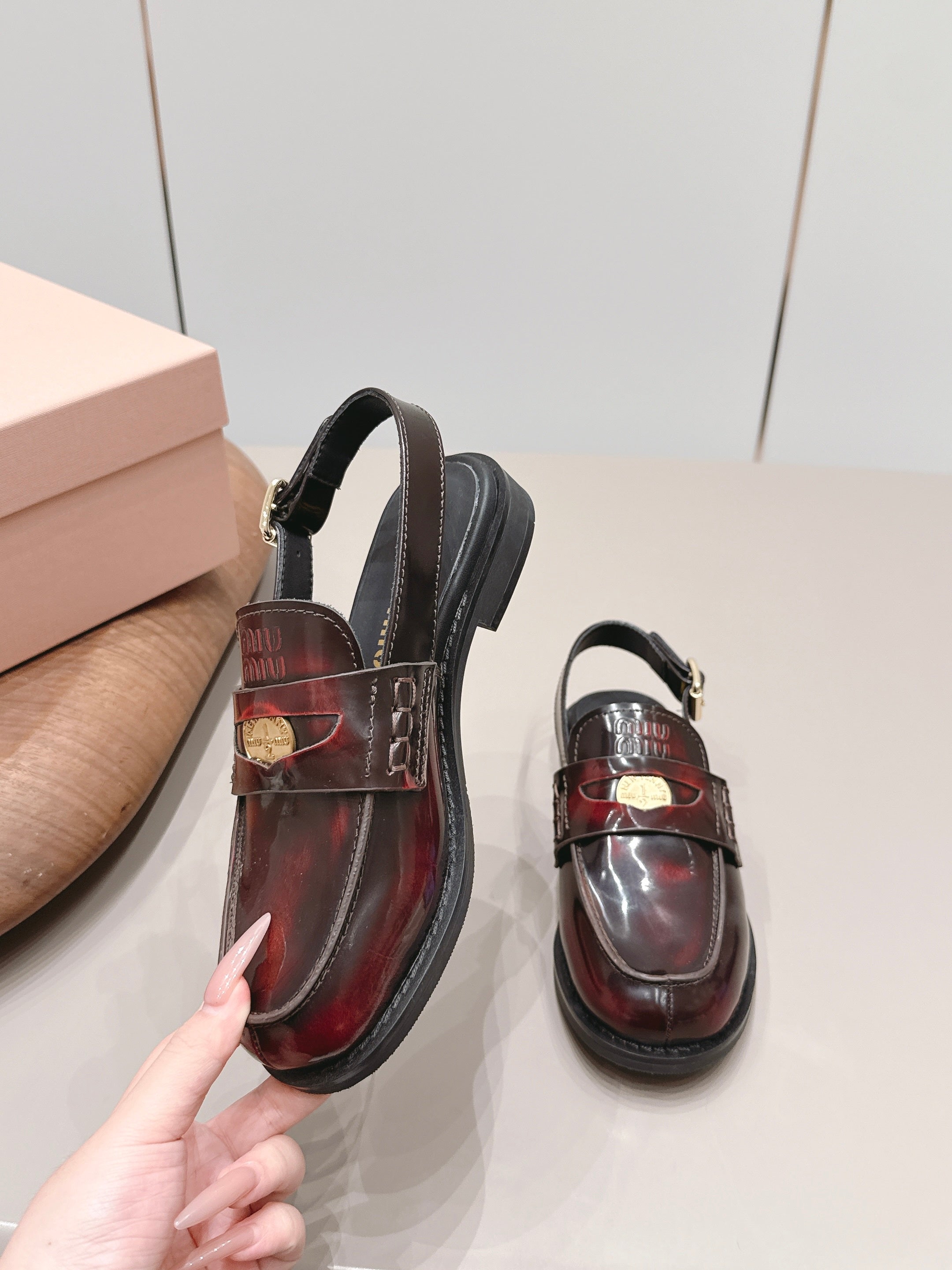 MIUMIU 26S PENNY SLINGBACK LOAFERS IN BURGUNDY RED CALFSKIN GOLD HARDWARE