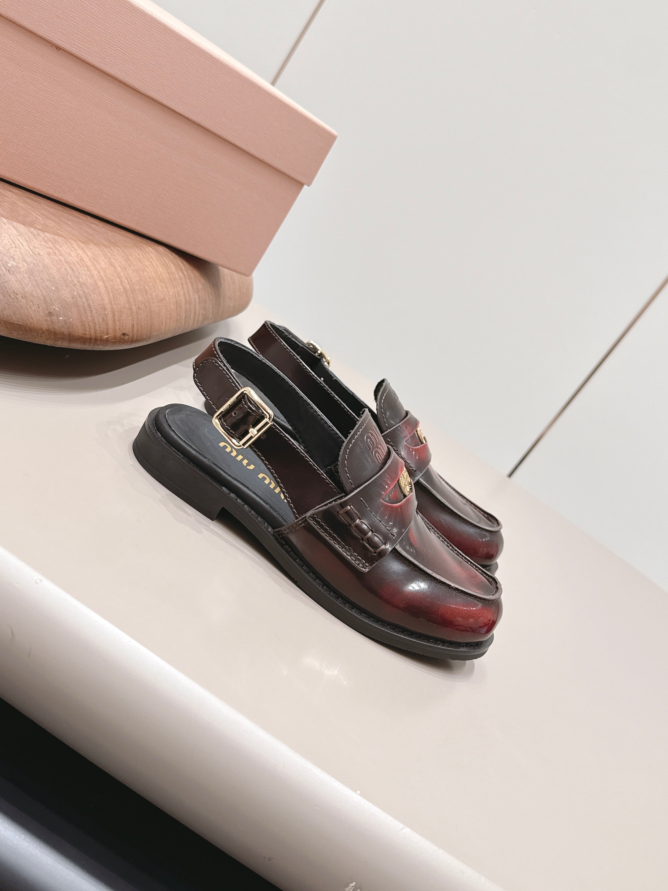 MIUMIU 26S PENNY SLINGBACK LOAFERS IN BURGUNDY RED CALFSKIN GOLD HARDWARE