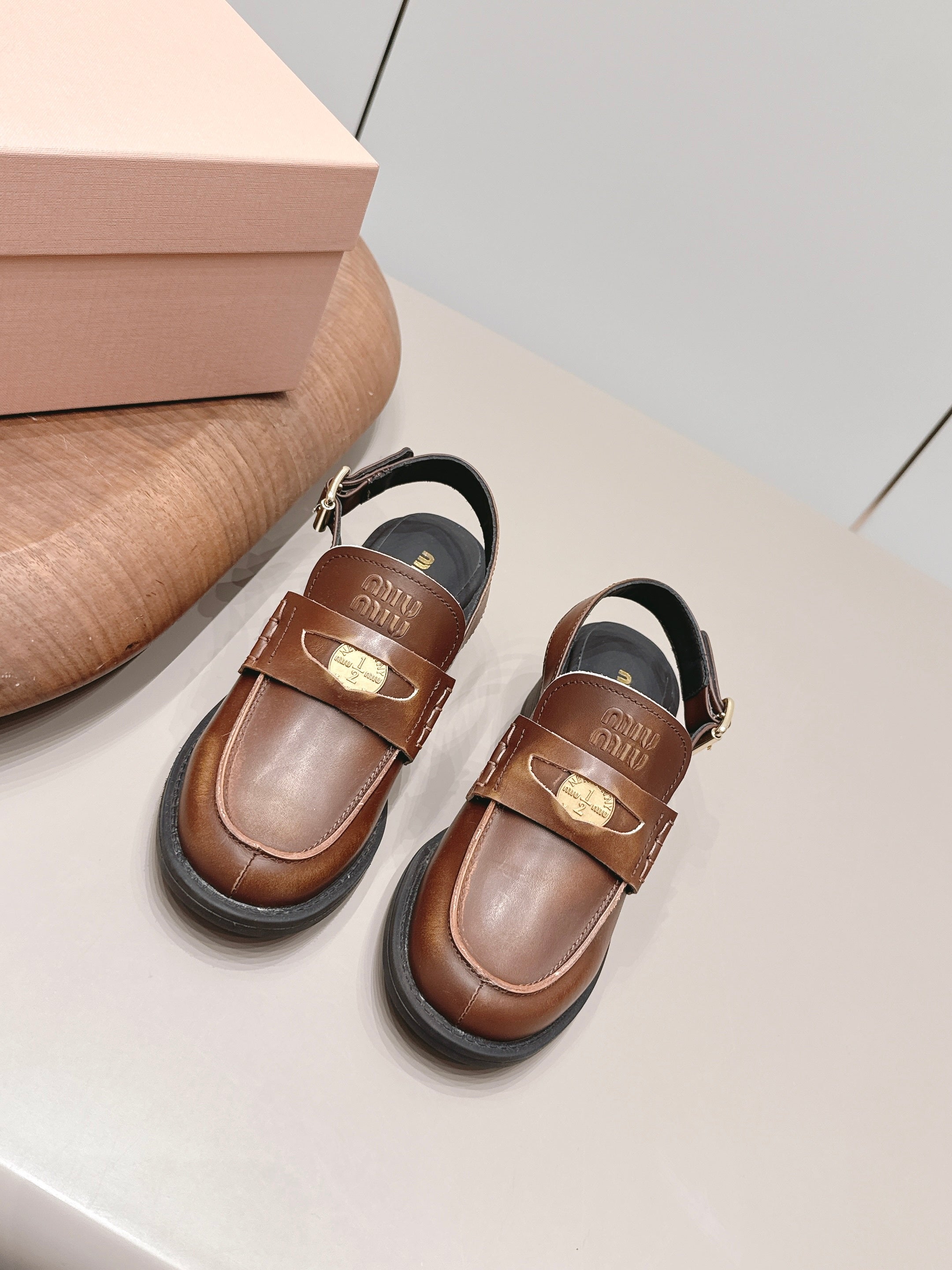 MIUMIU 26S BLOCK HEEL PENNY SLINGBACK LOAFERS 50MM IN BROWN CALFSKIN