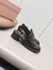 MIUMIU 26S BLOCK HEEL PENNY SLINGBACK LOAFERS 50MM IN BLACK CALFSKIN
