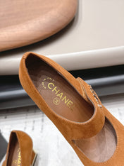 CHANEL 26S MARY JANE BLOCK HEEL PUMPS 80 MM IN BROWN SUEDE