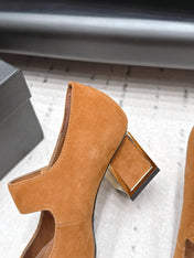 CHANEL 26S MARY JANE BLOCK HEEL PUMPS 80 MM IN BROWN SUEDE