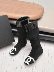 CHANEL 26S KNEE HIGH BOOTS IN BLACK SUEDE AND PATENT CUFF