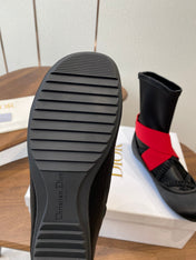 DIOR 25S STRETCH BALLET BOOTS IN BLACK AND RED SATIN