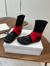 DIOR 25S STRETCH BALLET BOOTS IN BLACK AND RED SATIN