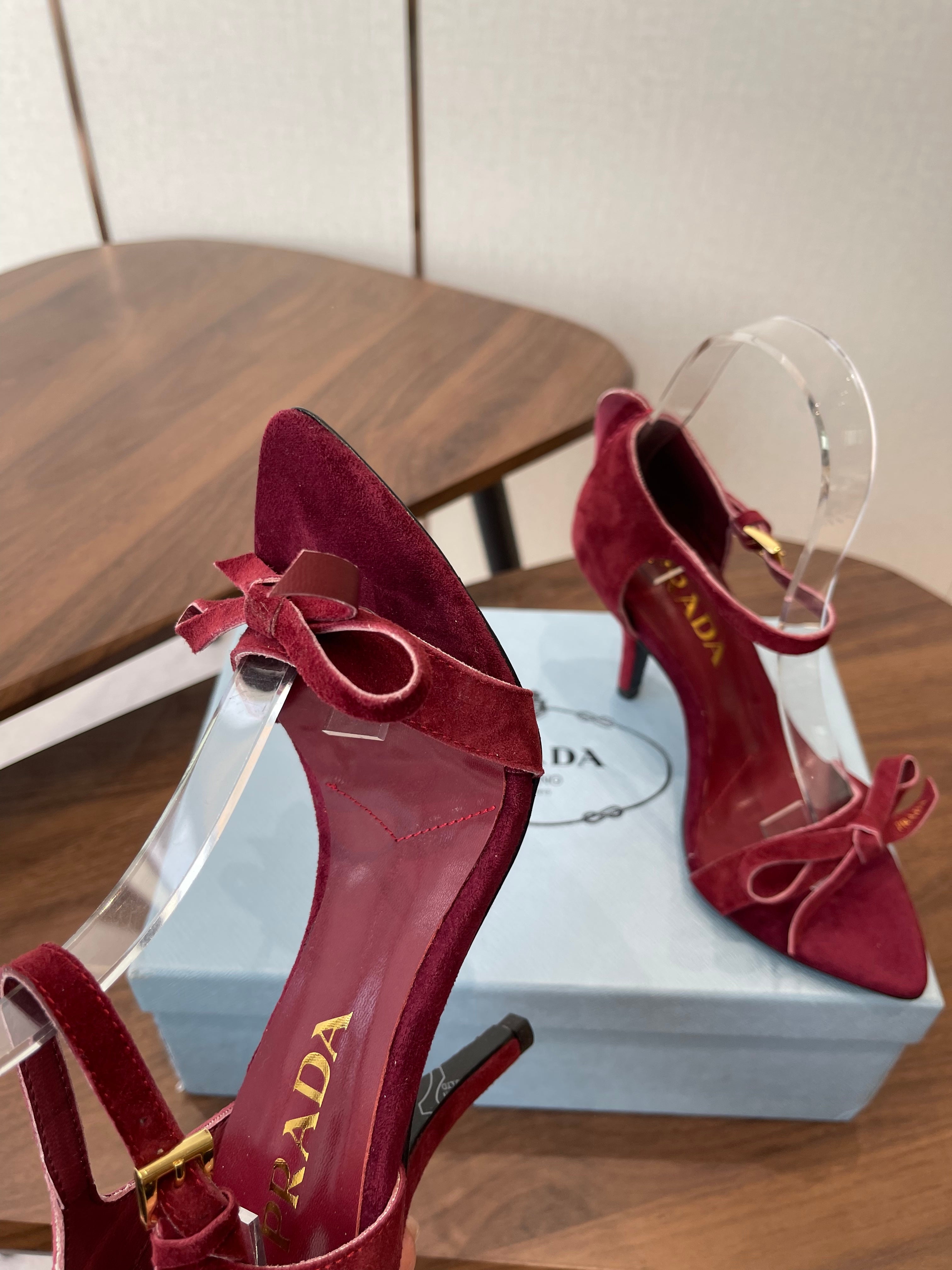 PRADA 26S HIGH HEEL SANDALS 85MM IN BURGUNDY RED SUEDE WITH BOW