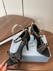 PRADA 26S HIGH HEEL SANDALS 85MM IN BLACK CALFSKIN WITH BOW