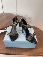 PRADA 26S HIGH HEEL SANDALS 85MM IN BLACK CALFSKIN WITH BOW
