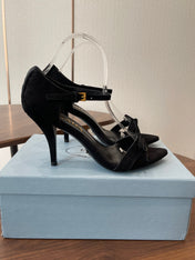 PRADA 26S HIGH HEEL SANDALS 85MM IN BLACK SUEDE WITH BOW