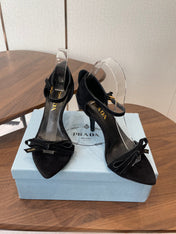 PRADA 26S HIGH HEEL SANDALS 85MM IN BLACK SUEDE WITH BOW