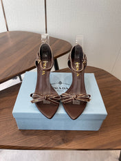 PRADA 26S HIGH HEEL SANDALS 85MM IN CHOCOLATE BROWN CALFSKIN WITH BOW