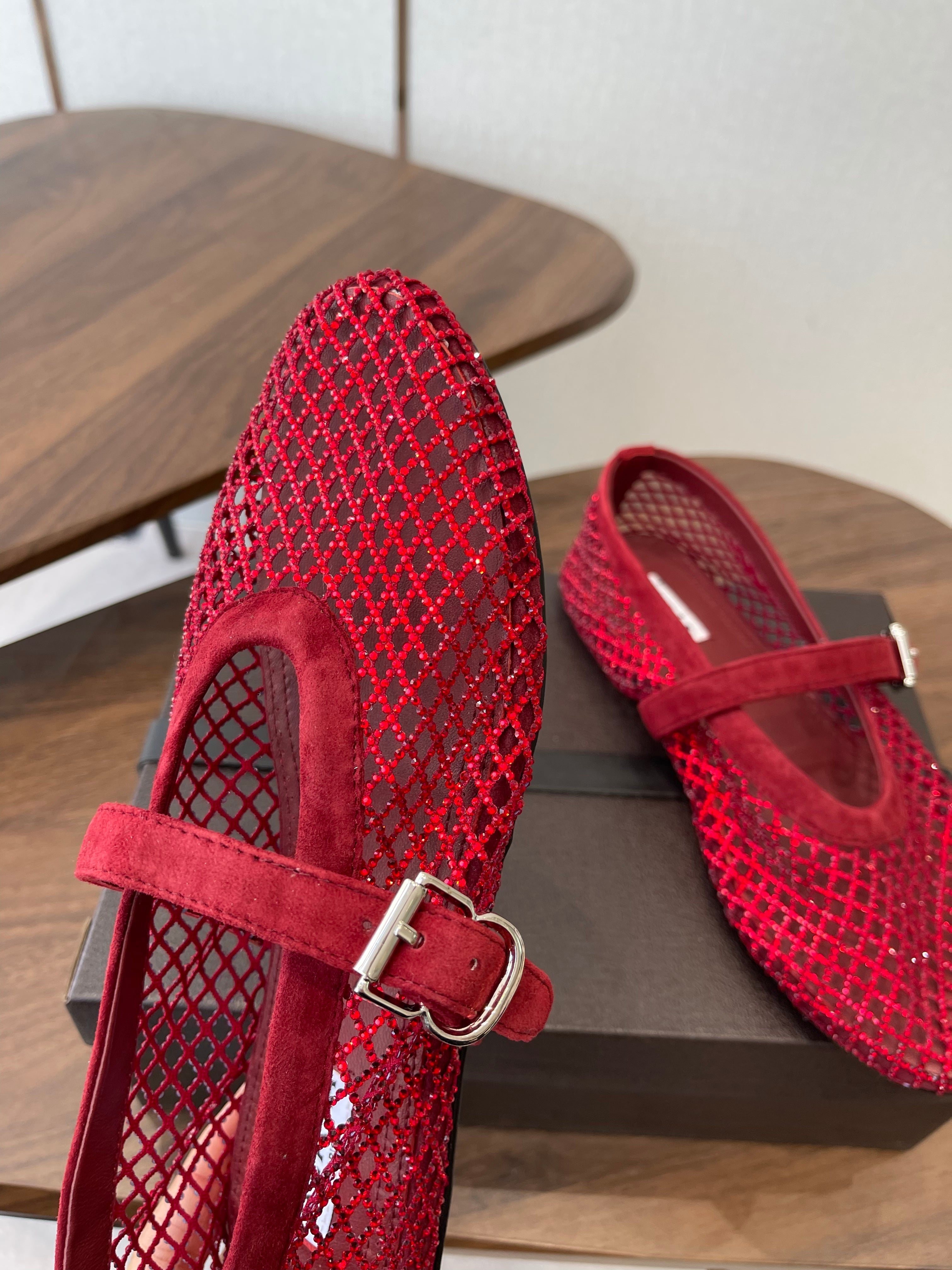 ALAIA 26S MESH FLATS IN DARK RED SUEDE RHINESTONE-EMBELLISHED