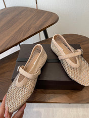 ALAIA 26S MESH FLATS IN BEIGE SUEDE RHINESTONE-EMBELLISHED