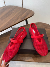 ALAIA 26S MESH FLATS IN RED SUEDE RHINESTONE-EMBELLISHED