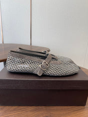 ALAIA 26S MESH FLATS IN BROWN GREY SUEDE RHINESTONE-EMBELLISHED